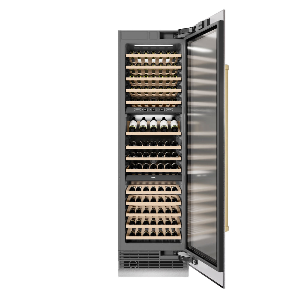 ZLINE Autograph 24" 12.4 cu. ft. Triple Zone 100 Bottle Column Wine Cooler in Satin Stainless Steel and Champagne Bronze Accents, RCWVZ-SN-24-CB