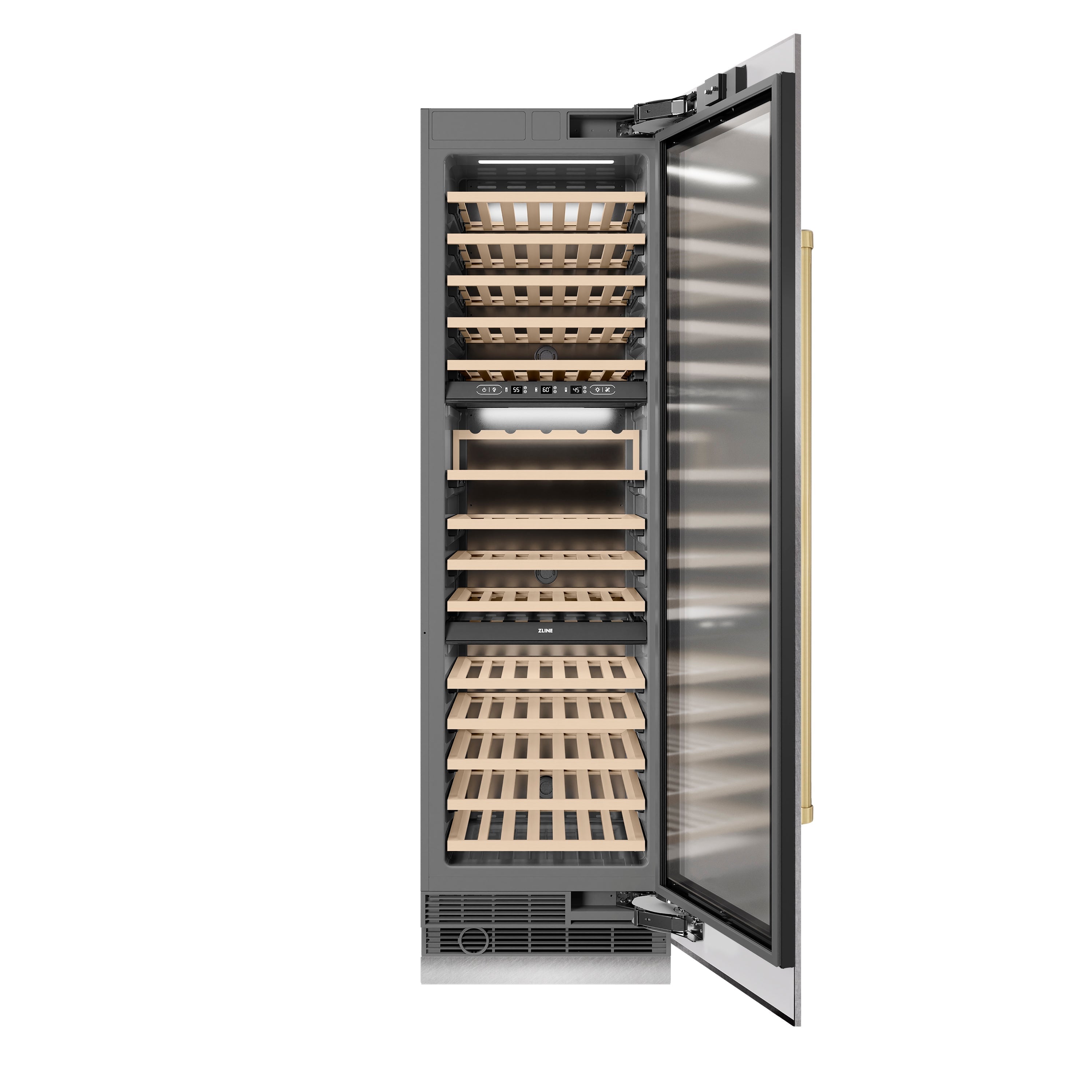 ZLINE Autograph 24" 12.4 cu. ft. Triple Zone 100 Bottle Column Wine Cooler in Satin Stainless Steel and Champagne Bronze Accents, RCWVZ-SN-24-CB