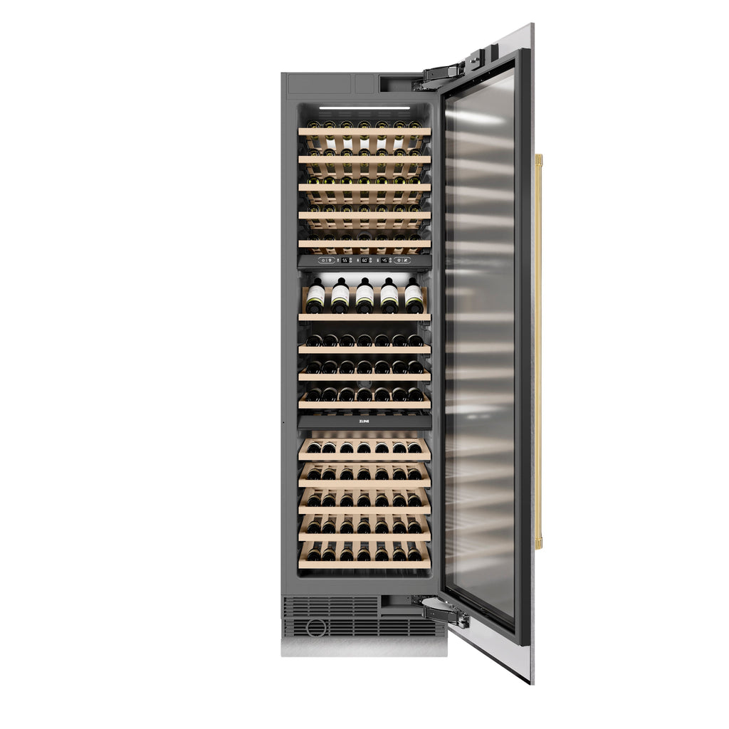 ZLINE Autograph 24" 12.4 cu. ft. Triple Zone 100 Bottle Column Wine Cooler in Satin Stainless Steel and Polished Gold Accents, RCWVZ-SN-24-G