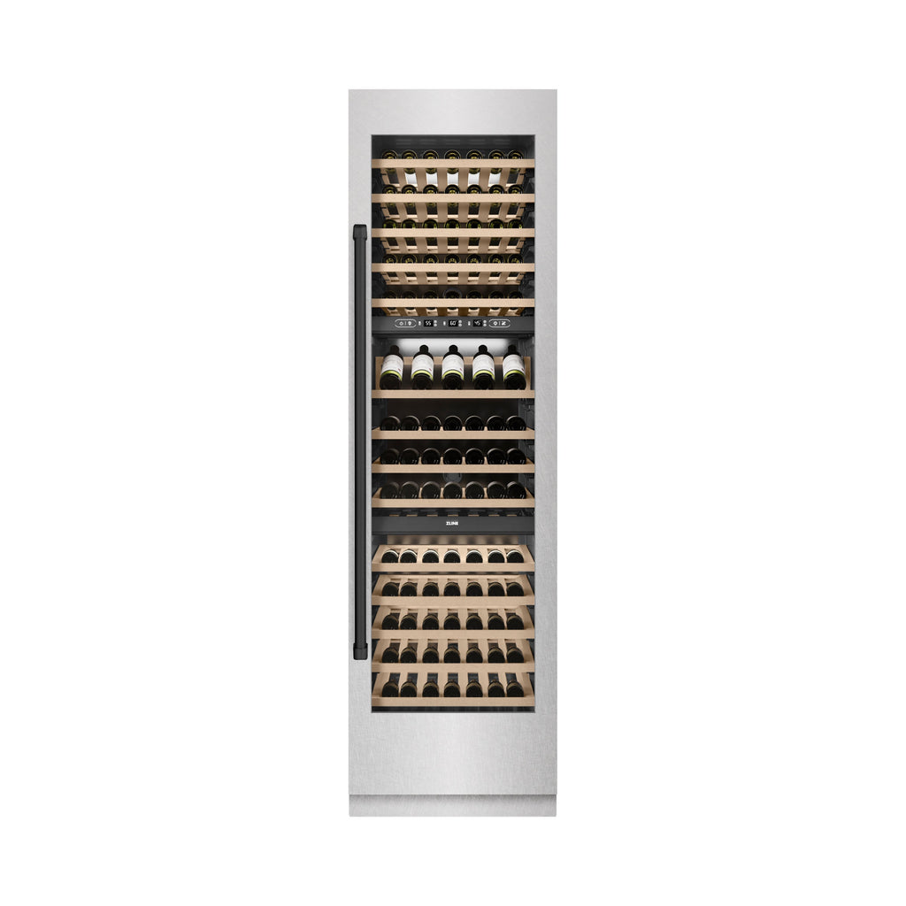 ZLINE Autograph 24" 12.4 cu. ft. Triple Zone 100 Bottle Column Wine Cooler in Satin Stainless Steel and Matte Black Accents, RCWVZ-SN-24-MB