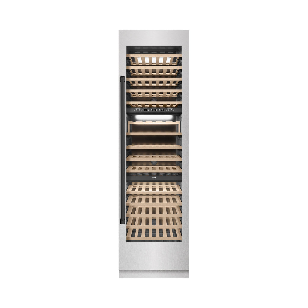 ZLINE Autograph 24" 12.4 cu. ft. Triple Zone 100 Bottle Column Wine Cooler in Satin Stainless Steel and Matte Black Accents, RCWVZ-SN-24-MB