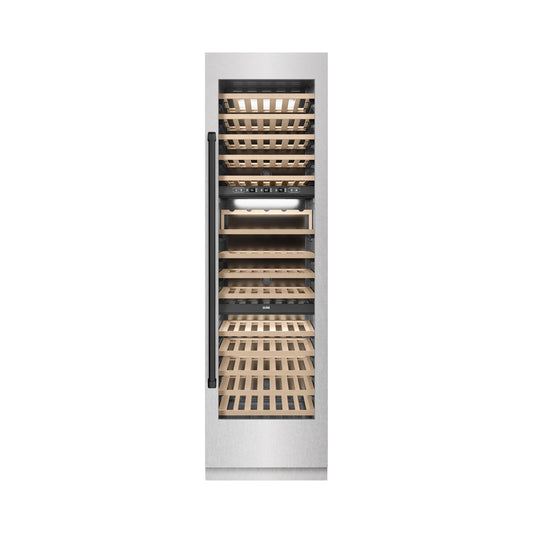 ZLINE Autograph 24" 12.4 cu. ft. Triple Zone 100 Bottle Column Wine Cooler in Satin Stainless Steel and Matte Black Accents, RCWVZ-SN-24-MB