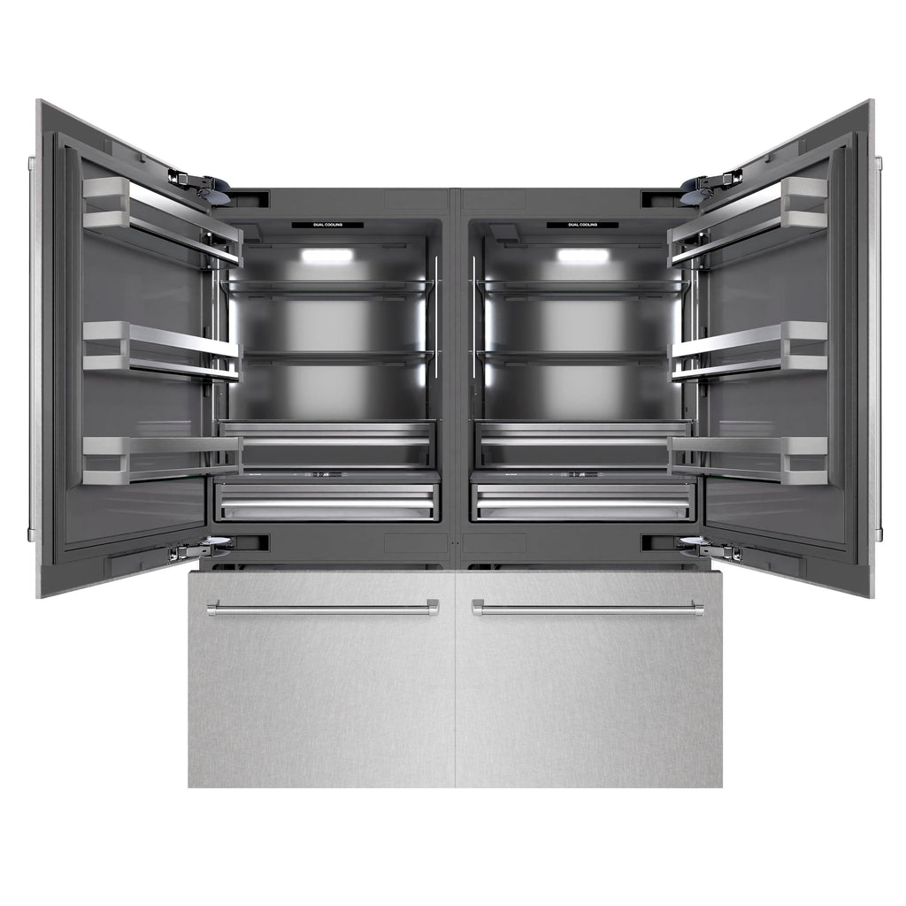 ZLINE 72 in. French Door Built-In Bottom Freezer Refrigerator 39.6 cu. ft. Water Dispensers Ice Makers Satin Stainless Steel Graphite Gray Interior (GRBIT-SN-72)