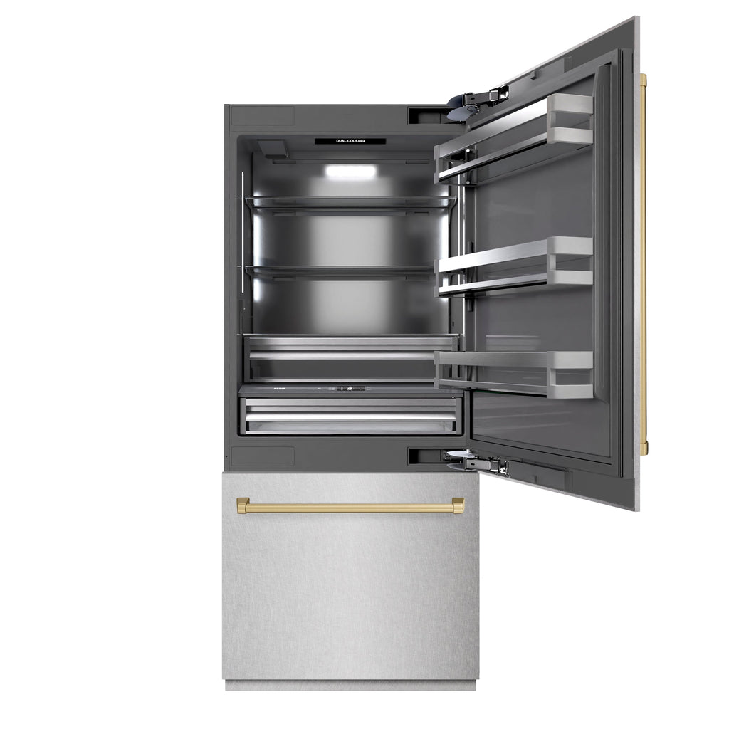 ZLINE 36" Built-In Bottom Freezer Refrigerator 19.8 Cu. Ft. Water Dispenser Ice Maker Satin Stainless Steel Champagne Bronze Accents (GRBITZ-SN-36-CB)