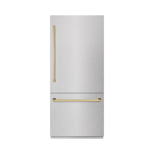 ZLINE 36 in. Built-In Bottom Freezer Refrigerator 19.8 Cu. Ft. Water Dispenser Ice Maker Satin Stainless Steel Graphite Gray Interior Polished Gold Accents (GRBITZ-SN-36-G)