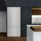 ZLINE 36 in. Built-In Bottom Freezer Refrigerator 19.8 Cu. Ft. Water Dispenser Ice Maker Satin Stainless Steel Graphite Gray Interior Polished Gold Accents (GRBITZ-SN-36-G)