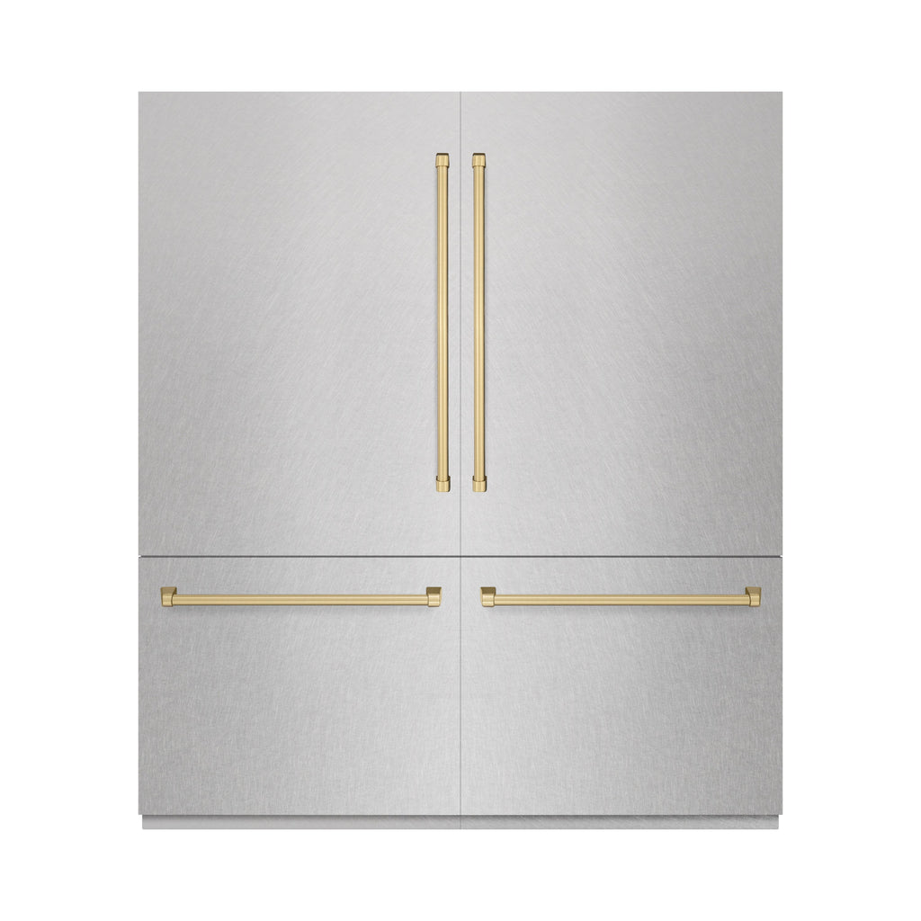 ZLINE 72 in. French Door Built-In Bottom Freezer Refrigerator 39.6 Cu. Ft. Water Dispensers Ice Makers Satin Stainless Steel Champagne Bronze Accents (GRBITZ-SN-72-CB)