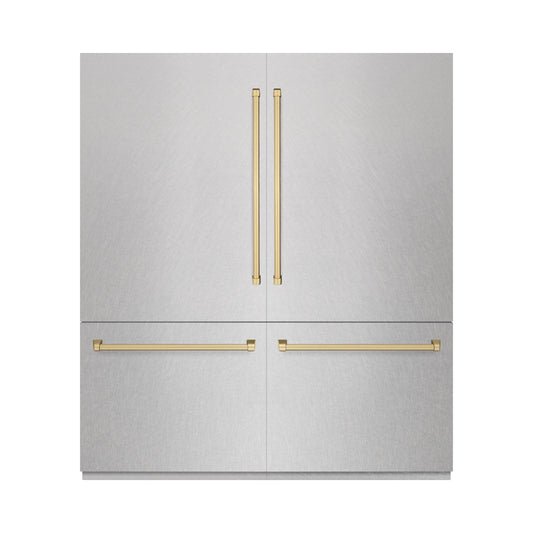 ZLINE 72 in. French Door Built-In Bottom Freezer Refrigerator 39.6 Cu. Ft. Water Dispensers Ice Makers Satin Stainless Steel Champagne Bronze Accents (GRBITZ-SN-72-CB)