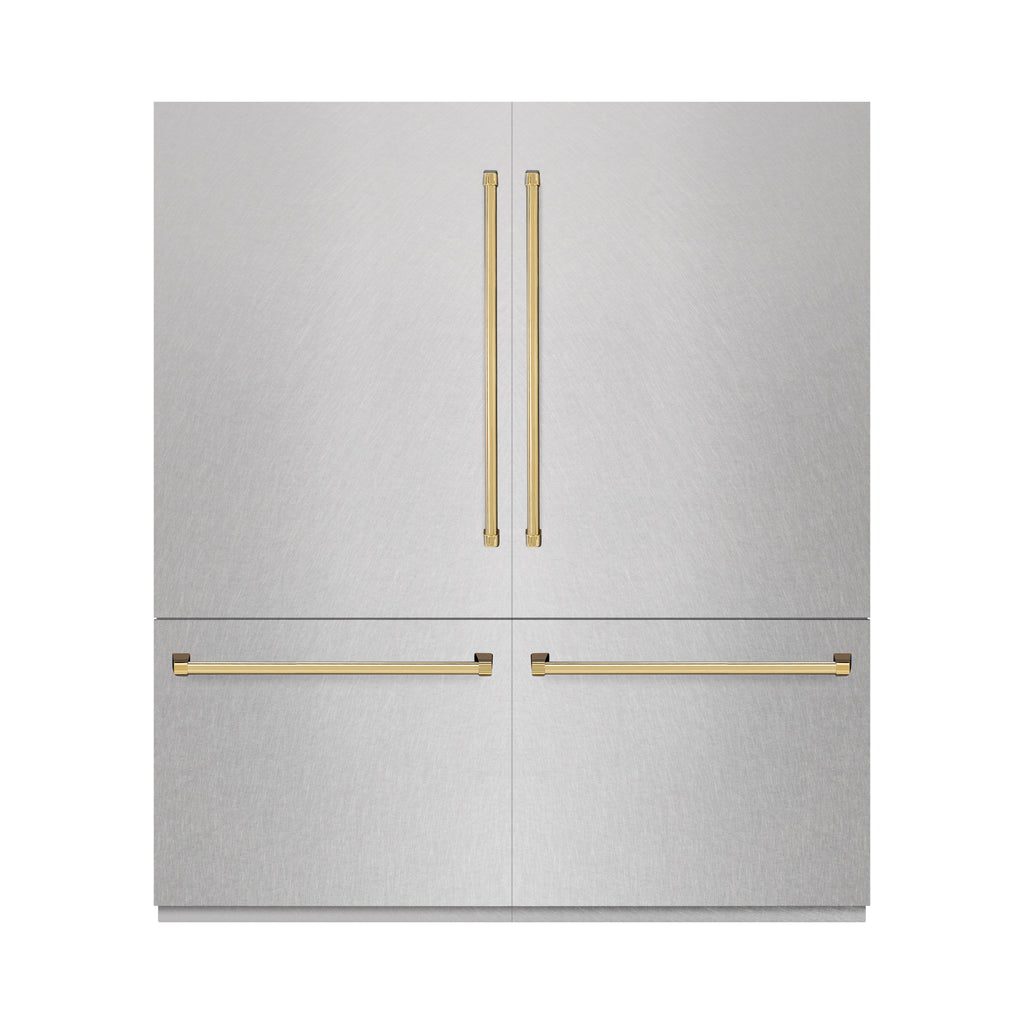 ZLINE 72 in. French Door Built-In Bottom Freezer Refrigerator 39.6 Cu. Ft. Satin Stainless Steel Graphite Gray Interior Water Dispensers Ice Makers Polished Gold Accents (GRBITZ-SN-72-G)