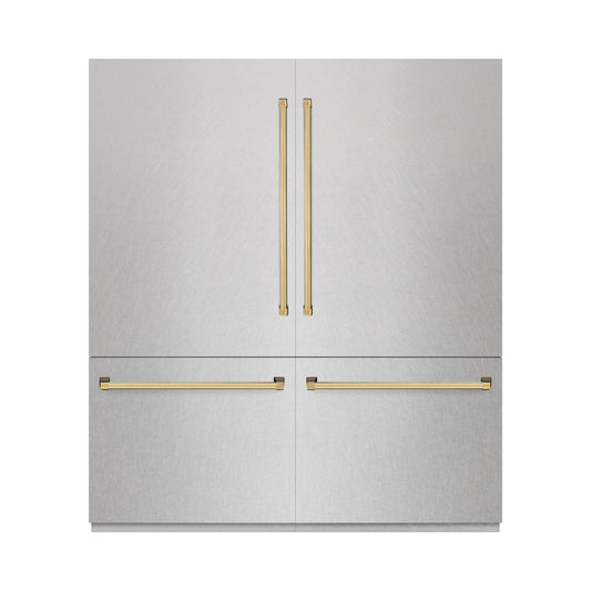 ZLINE 72 in. French Door Built-In Bottom Freezer Refrigerator 39.6 Cu. Ft. Satin Stainless Steel Graphite Gray Interior Water Dispensers Ice Makers Polished Gold Accents (GRBITZ-SN-72-G)
