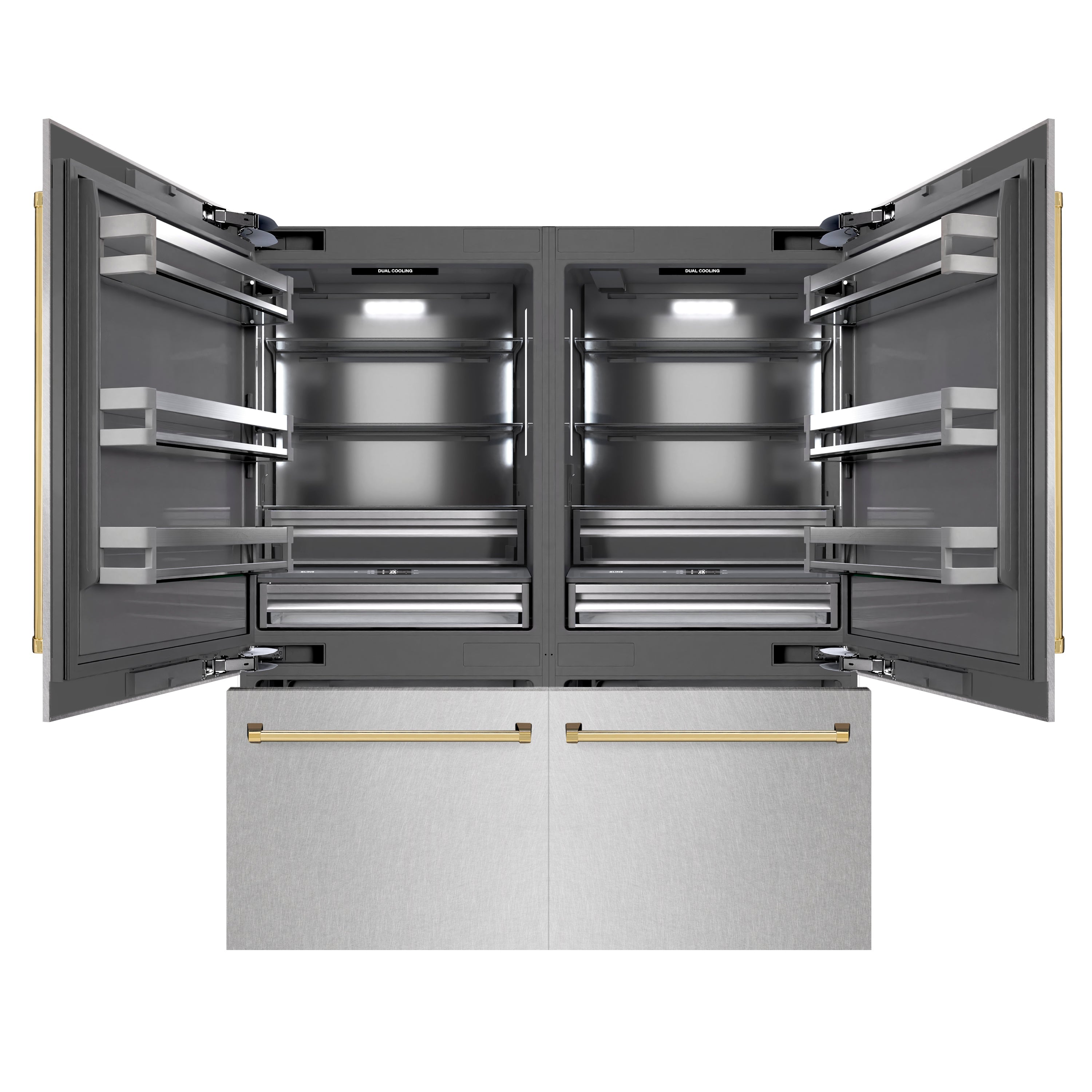 ZLINE 72 in. French Door Built-In Bottom Freezer Refrigerator 39.6 Cu. Ft. Satin Stainless Steel Graphite Gray Interior Water Dispensers Ice Makers Polished Gold Accents (GRBITZ-SN-72-G)