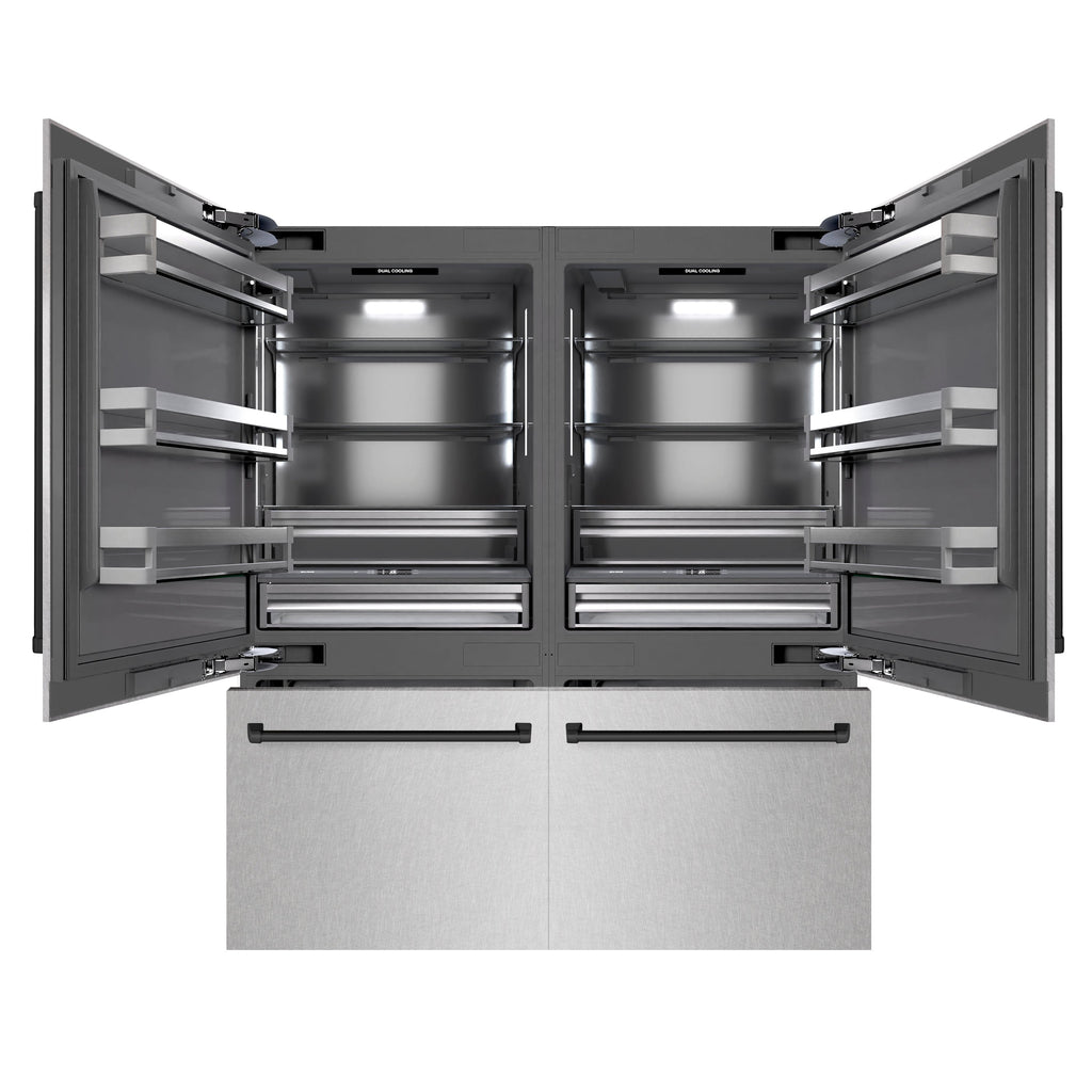 ZLINE 72 in. French Door Built-In Bottom Freezer Refrigerator 39.6 Cu. Ft. Water Dispensers, Ice Makers, Satin Stainless Steel, Graphite Gray Interior, Matte Black Accents (GRBITZ-SN-72-MB)