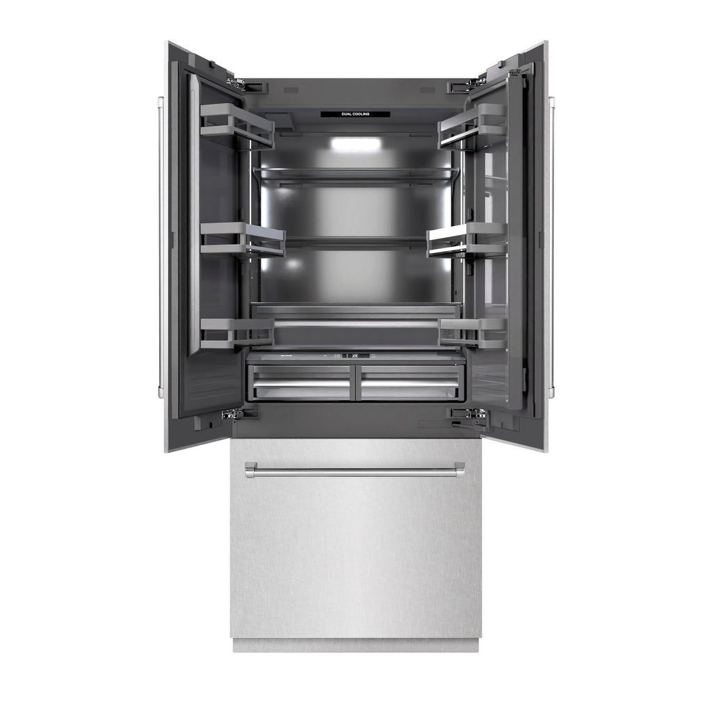 ZLINE 36 in. French Door Built-In Bottom Freezer Refrigerator 19.6 cu. ft. with Water Dispenser, Ice Maker, Satin Stainless Steel, Graphite Gray Interior (GRBIV-SN-36)