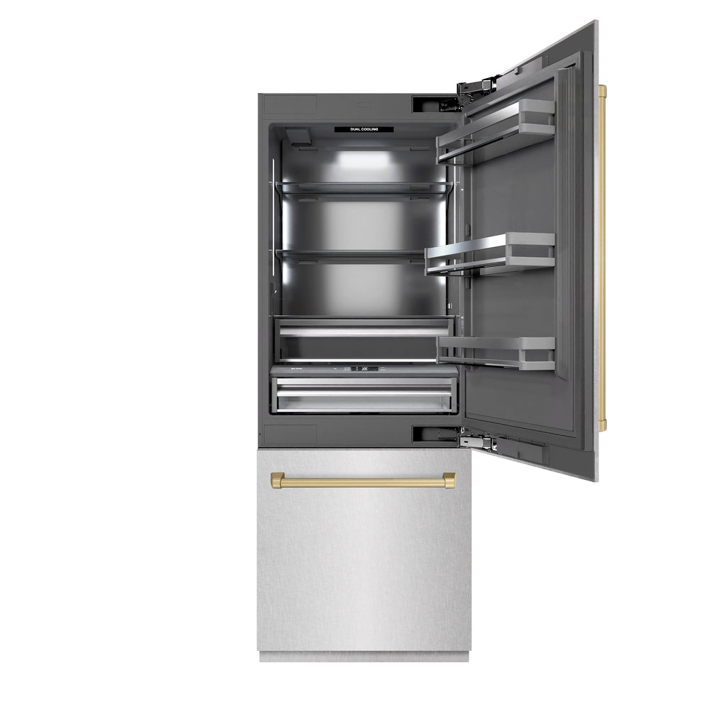 ZLINE 30 in. Built-In Bottom Freezer Refrigerator 16.1 Cu. Ft. Water Dispenser Ice Maker Satin Stainless Steel Champagne Bronze Accents (GRBIVZ-SN-30-CB)