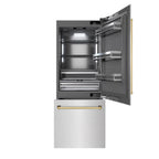 ZLINE 30 in. Built-In Bottom Freezer Refrigerator 16.1 Cu. Ft. Water Dispenser Ice Maker Satin Stainless Steel Graphite Gray Interior Polished Gold Accents (GRBIVZ-SN-30-G)