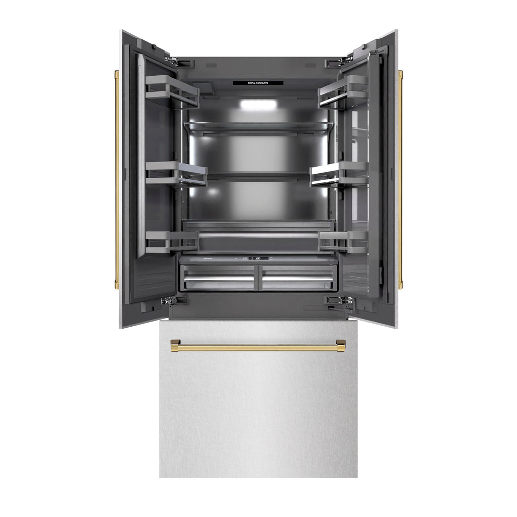 ZLINE 36 in. French Door Built-In Bottom Freezer Refrigerator 19.6 cu. ft. Satin Stainless Steel Water Dispenser Ice Maker Polished Gold Accents (GRBIVZ-SN-36-G)