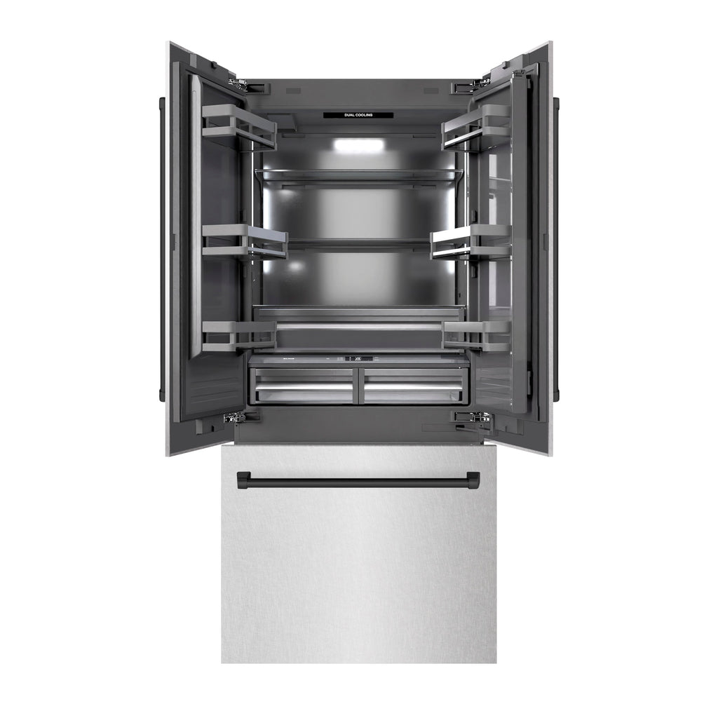 ZLINE 36 in. French Door Built-In Bottom Freezer Refrigerator 19.6 Cu. Ft. Water Dispenser Ice Maker Matte Black Accents Satin Stainless Steel (GRBIVZ-SN-36-MB)