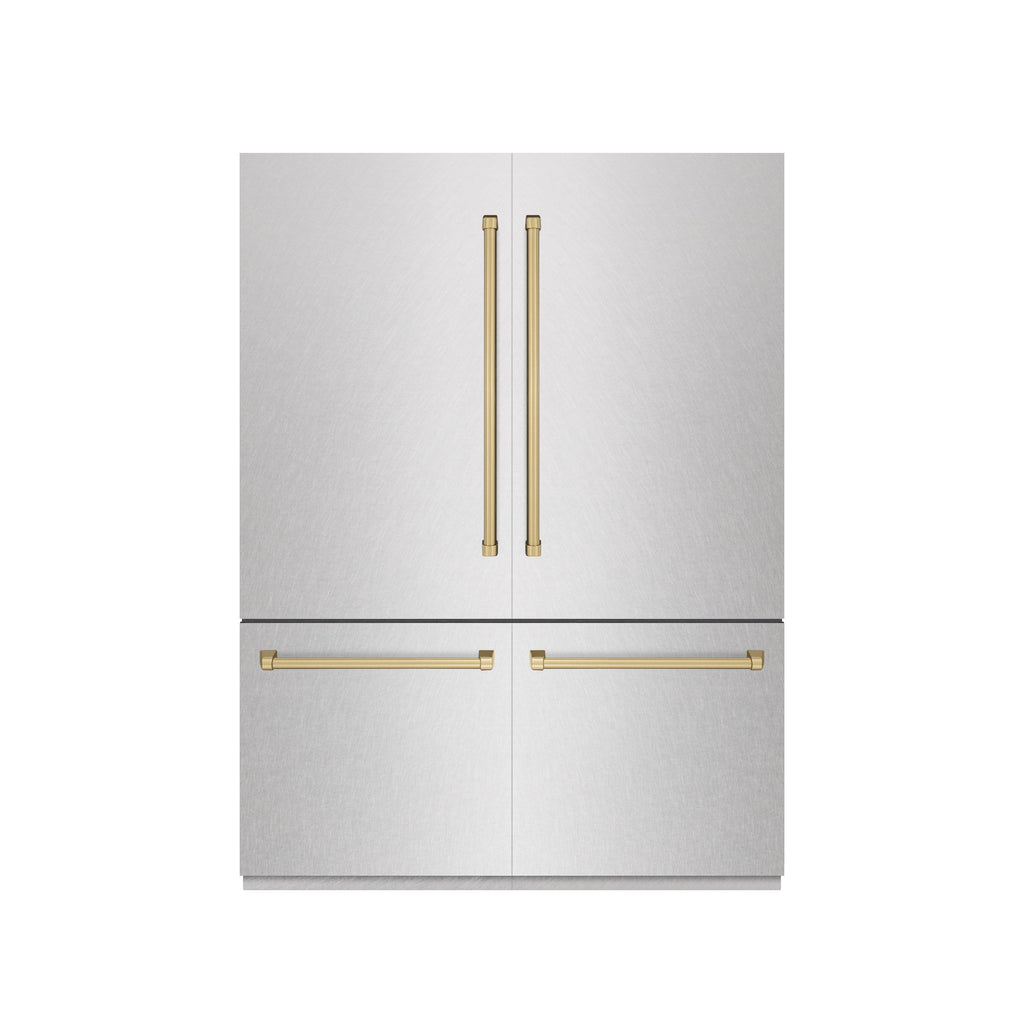 ZLINE 60 in. French Door Built-In Bottom Freezer Refrigerator 32.2 Cu. Ft. Water Dispenser Ice Maker Satin Stainless Steel Graphite Gray Interior Champagne Bronze Accents (GRBIVZ-SN-60-CB)