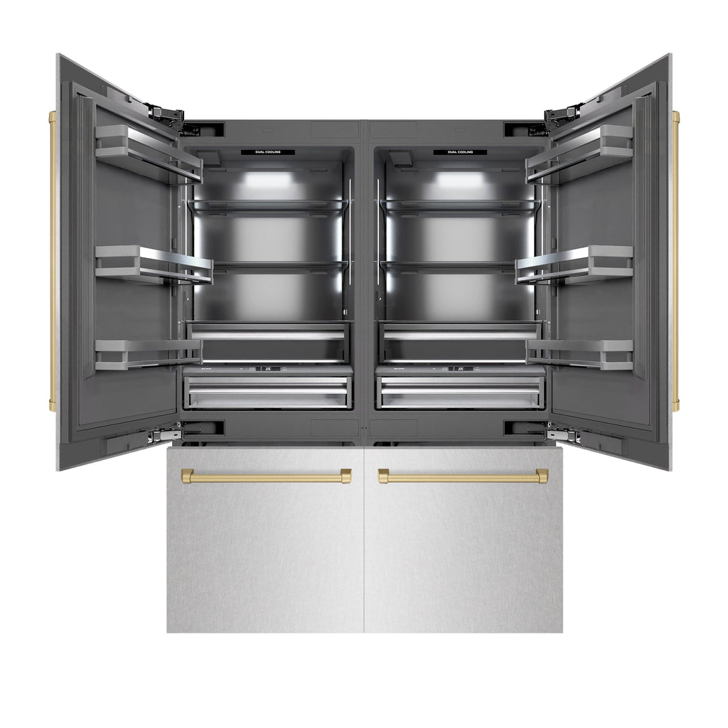 ZLINE 60 in. French Door Built-In Bottom Freezer Refrigerator 32.2 Cu. Ft. Water Dispenser Ice Maker Satin Stainless Steel Graphite Gray Interior Champagne Bronze Accents (GRBIVZ-SN-60-CB)