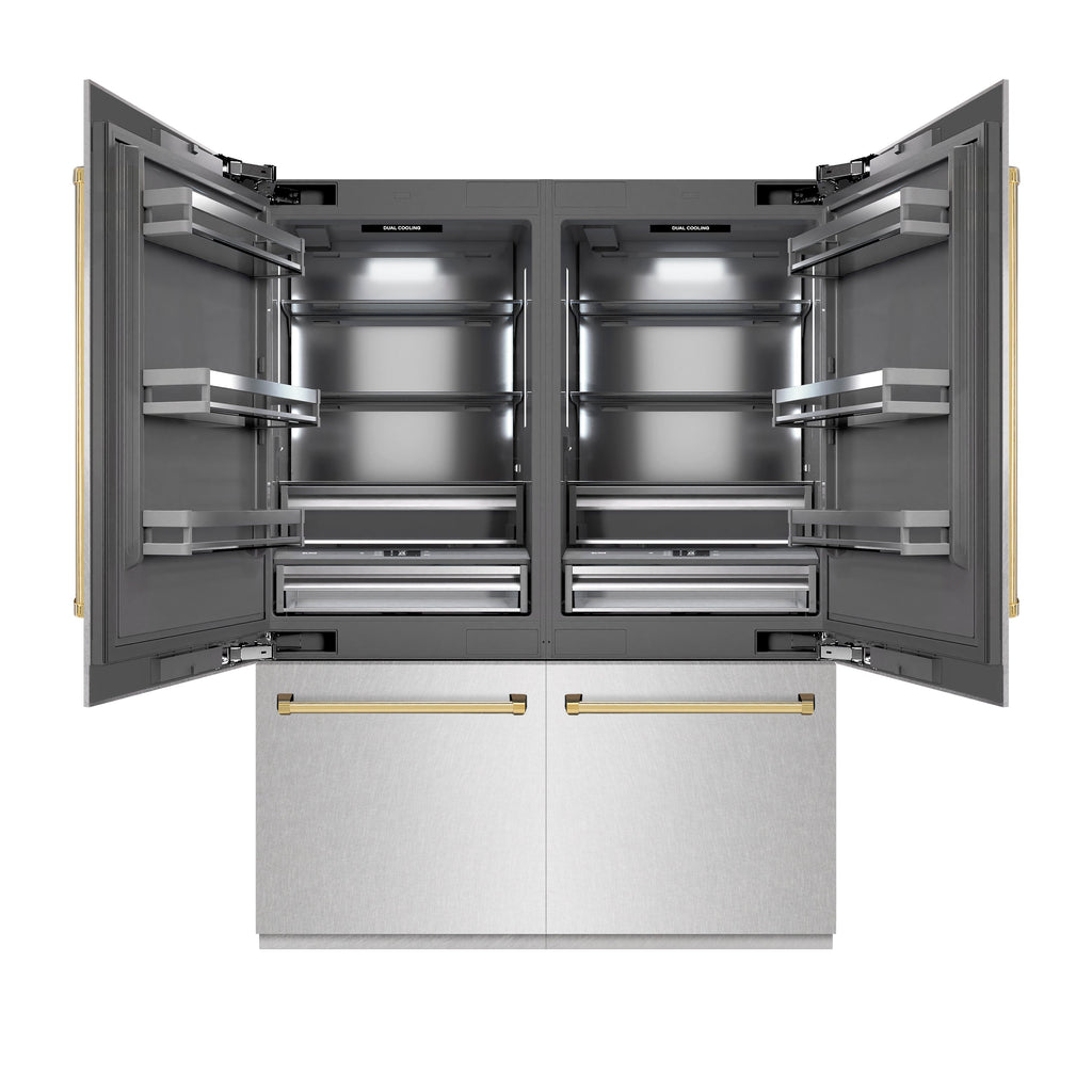ZLINE 60 in. French Door Built-In Bottom Freezer Refrigerator 32.2 cu. ft. with Water Dispenser, Ice Maker, Satin Stainless Steel, Graphite Gray Interior, Polished Gold Accents (GRBIVZ-SN-60-G)