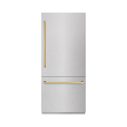 ZLINE 36 in. Built-In Bottom Freezer Refrigerator 19.8 cu. ft. Water Dispenser Ice Maker Satin Stainless Steel Champagne Bronze Accents (RBITZ-SN-36-CB)