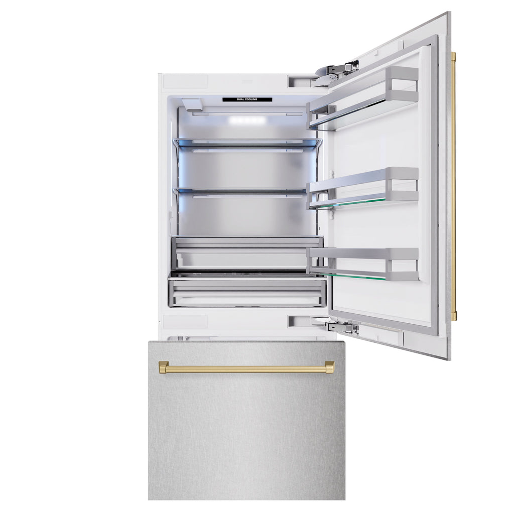 ZLINE 36 in. Built-In Bottom Freezer Refrigerator 19.8 cu. ft. Water Dispenser Ice Maker Satin Stainless Steel Champagne Bronze Accents (RBITZ-SN-36-CB)