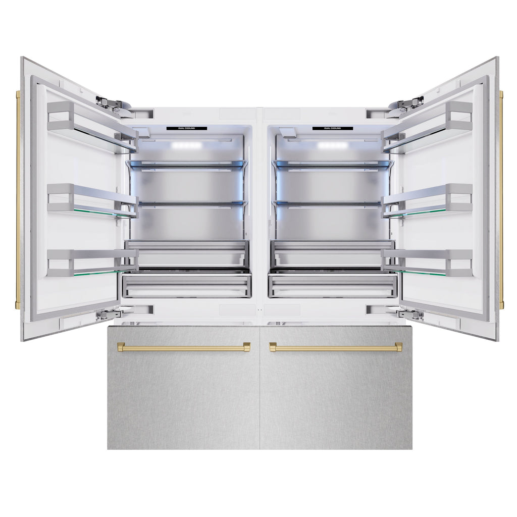 ZLINE 72 in. French Door Built-In Bottom Freezer Refrigerator 39.6 Cu. Ft. Water Dispensers Ice Makers Satin Stainless Steel Champagne Bronze Accents (RBITZ-SN-72-CB)
