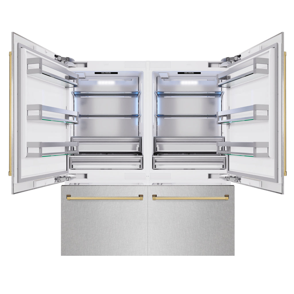 ZLINE 72 in. Built-In French Door Bottom Freezer Refrigerator 39.6 cu. ft. Water Dispensers Ice Makers Satin Stainless Steel Polished Gold Accents (RBITZ-SN-72-G)