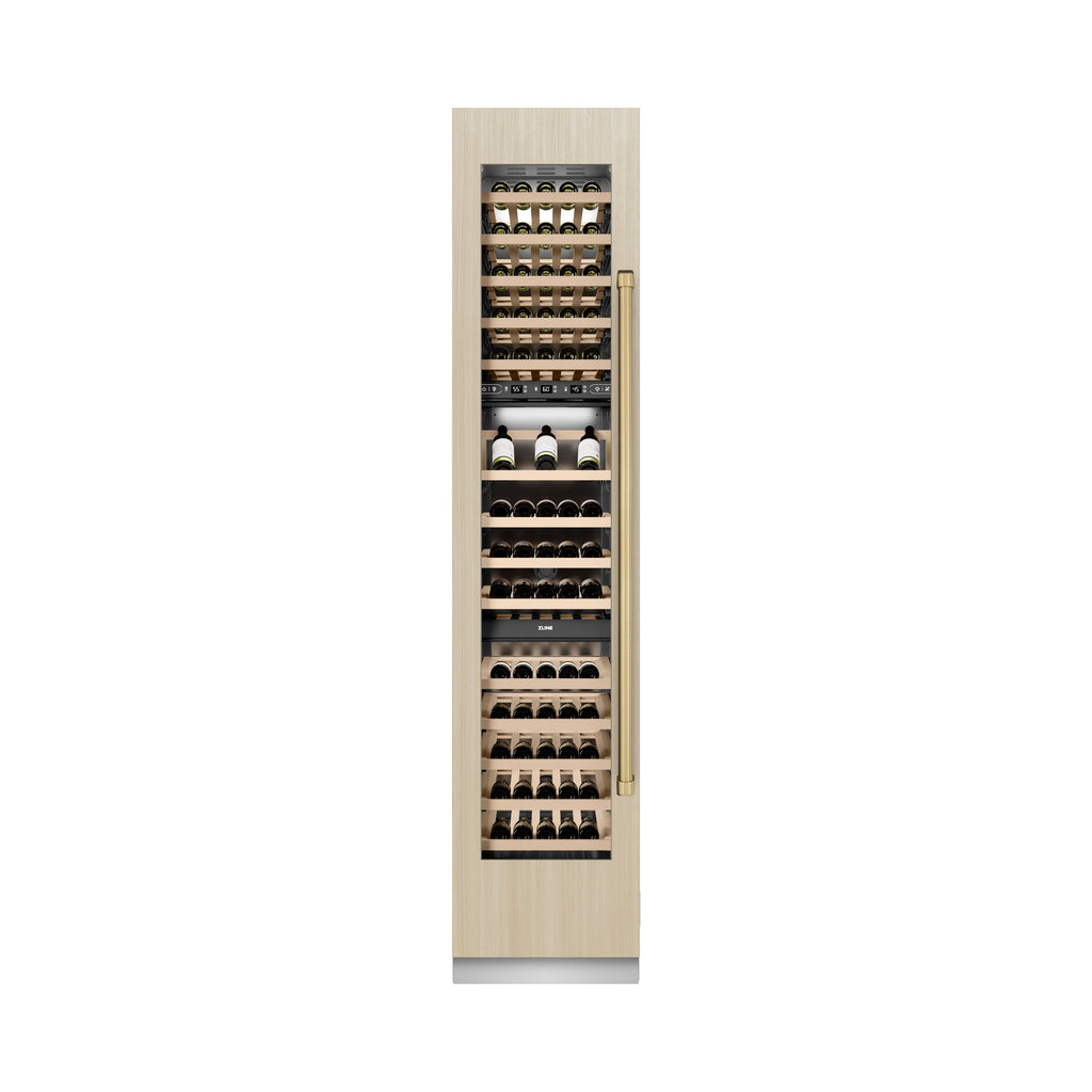 ZLINE Autograph 18" 9.0 cu. ft. Triple Zone 68 Bottle Panel Ready Left Hinge Column Wine Cooler with Champagne Bronze Accents, RBCWVLZ-18-CB