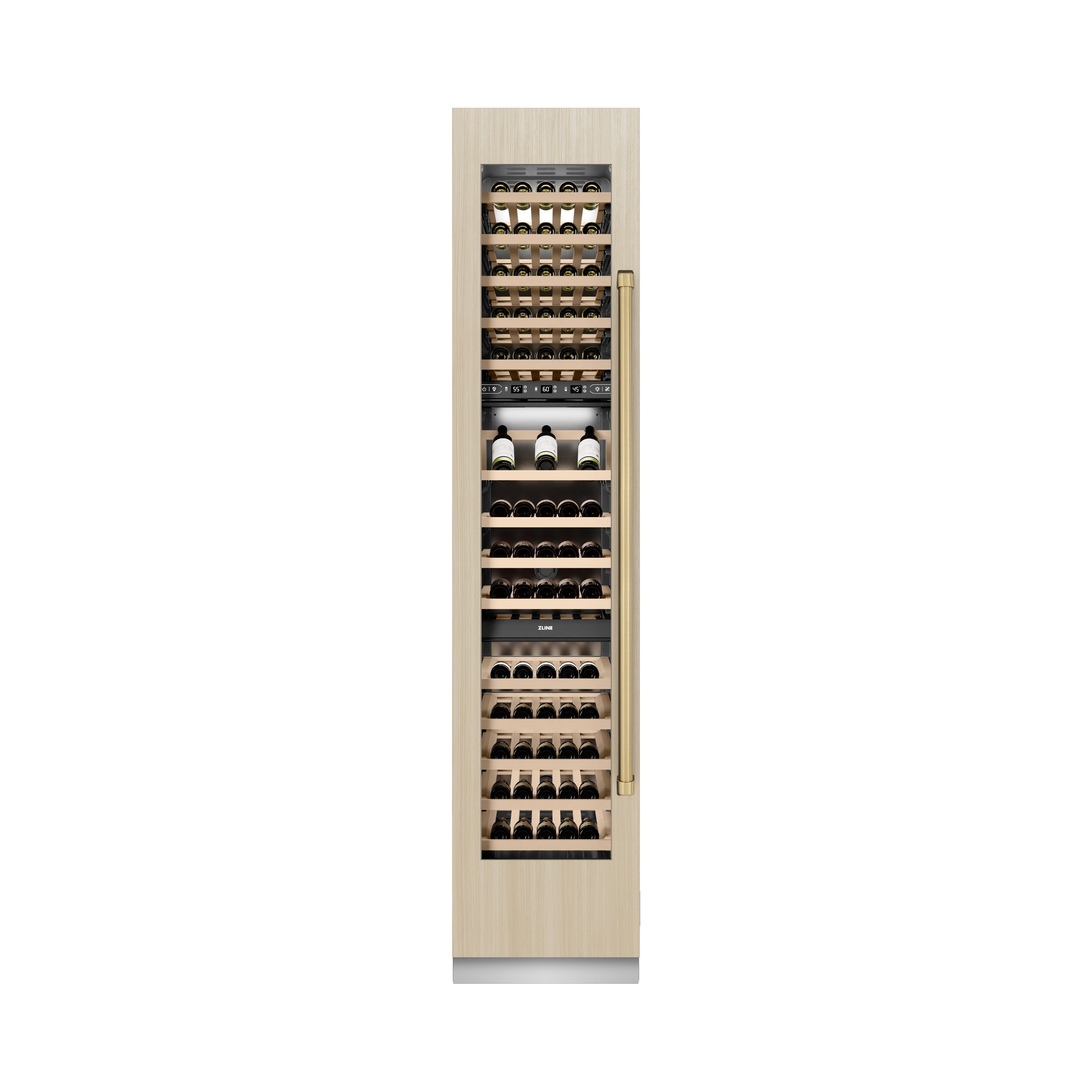 ZLINE Autograph 18" 9.0 cu. ft. Triple Zone 68 Bottle Panel Ready Left Hinge Column Wine Cooler with Champagne Bronze Accents, RBCWVLZ-18-CB