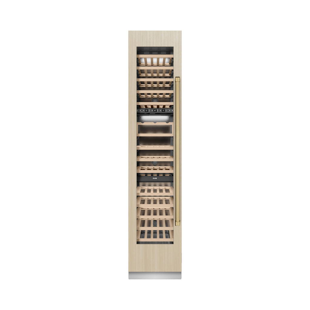 ZLINE Autograph 18" 9.0 cu. ft. Triple Zone 68 Bottle Panel Ready Left Hinge Column Wine Cooler with Champagne Bronze Accents, RBCWVLZ-18-CB