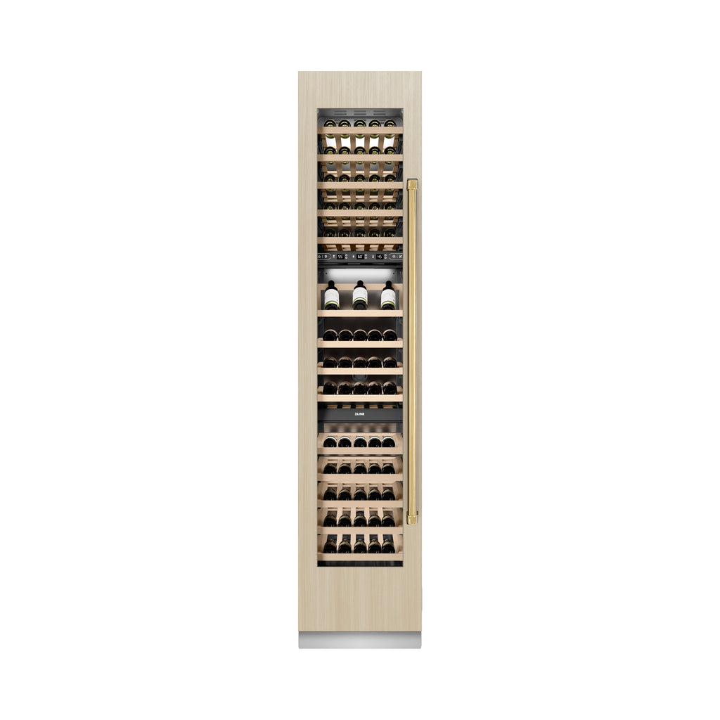 ZLINE Autograph 18" 9.0 cu. ft. Triple Zone 68 Bottle Panel Ready Left Hinge Column Wine Cooler with Polished Gold Accents, RBCWVLZ-18-G