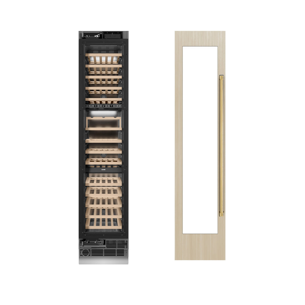 ZLINE Autograph 18" 9.0 cu. ft. Triple Zone 68 Bottle Panel Ready Left Hinge Column Wine Cooler with Polished Gold Accents, RBCWVLZ-18-G