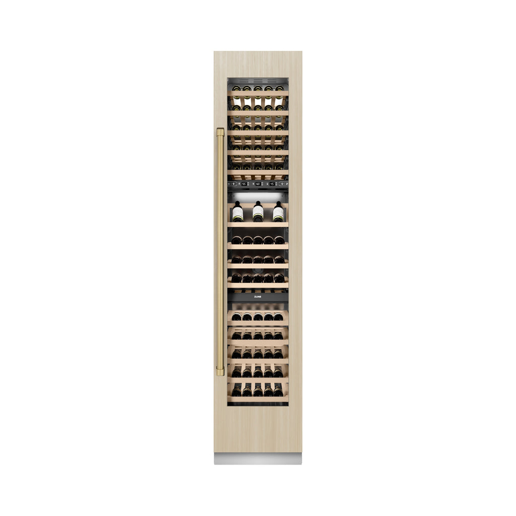 ZLINE Autograph 18" 9.0 cu. ft. Triple Zone 68 Bottle Panel Ready Right Hinge Column Wine Cooler with Champagne Bronze Accents, RBCWVRZ-18-CB