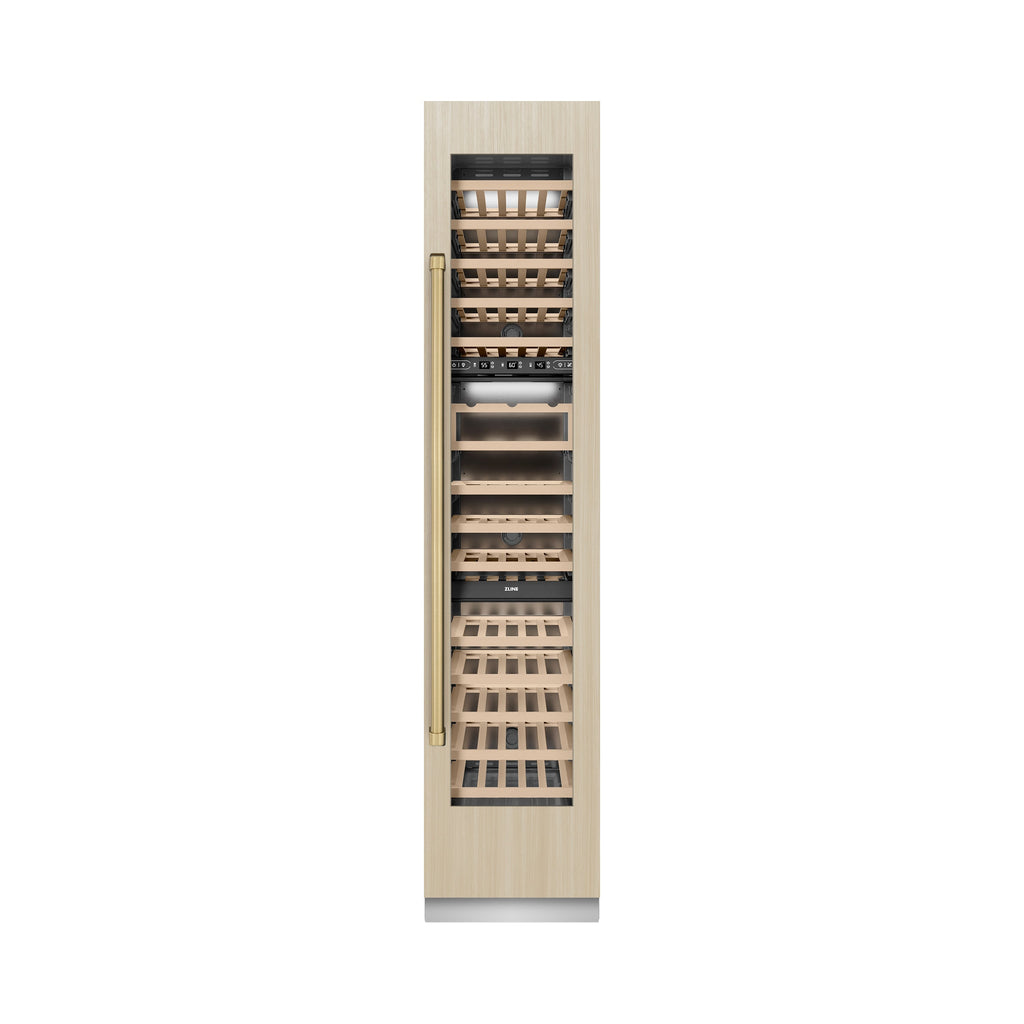 ZLINE Autograph 18" 9.0 cu. ft. Triple Zone 68 Bottle Panel Ready Right Hinge Column Wine Cooler with Champagne Bronze Accents, RBCWVRZ-18-CB