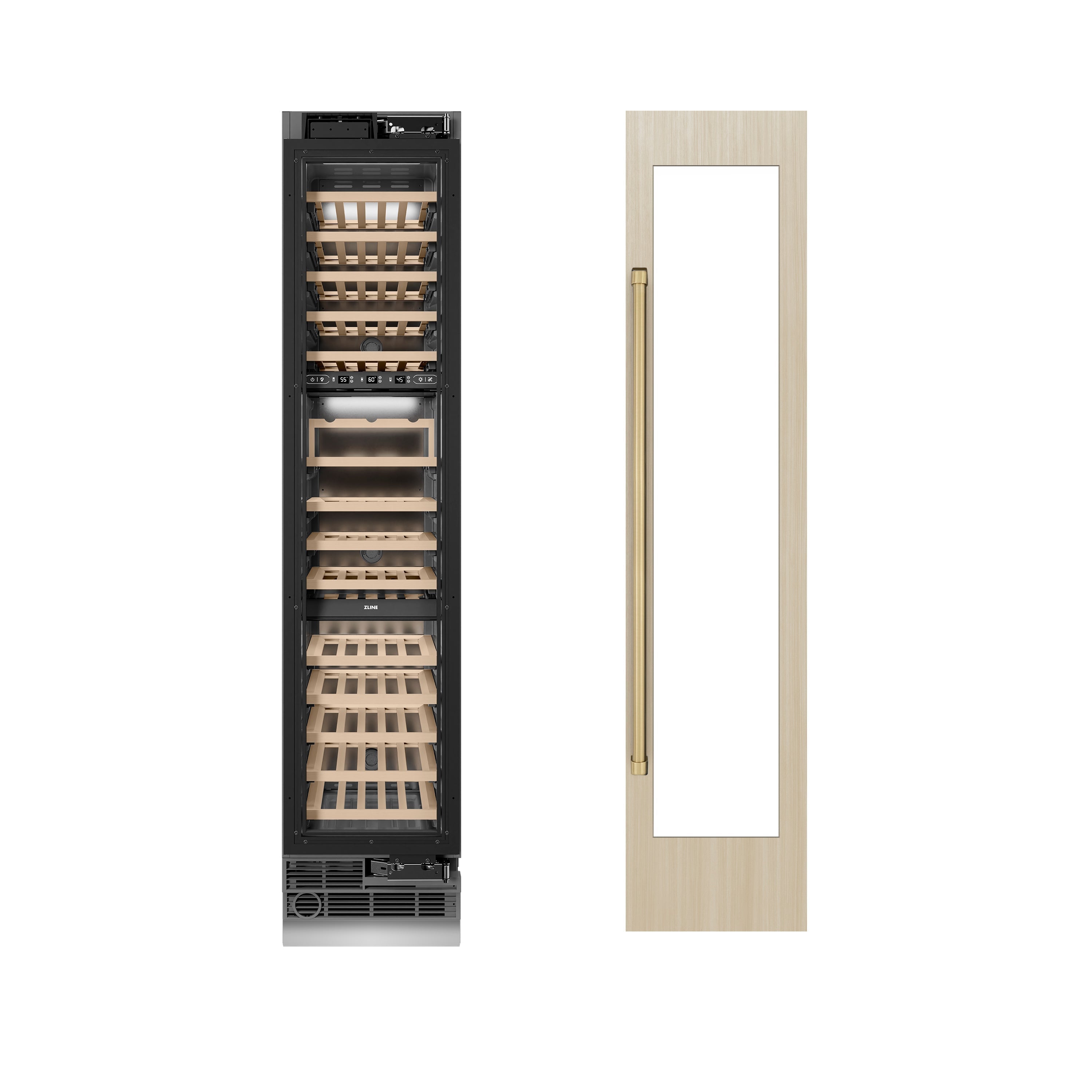 ZLINE Autograph 18" 9.0 cu. ft. Triple Zone 68 Bottle Panel Ready Right Hinge Column Wine Cooler with Champagne Bronze Accents, RBCWVRZ-18-CB