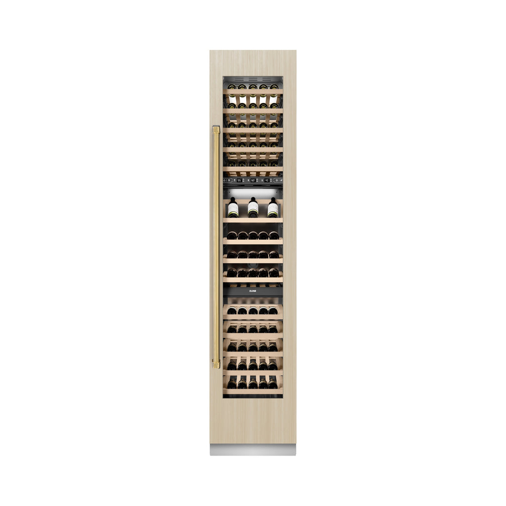 ZLINE Autograph 18" 9.0 cu. ft. Triple Zone 68 Bottle Panel Ready Right Hinge Column Wine Cooler with Polished Gold Accents, RBCWVRZ-18-G