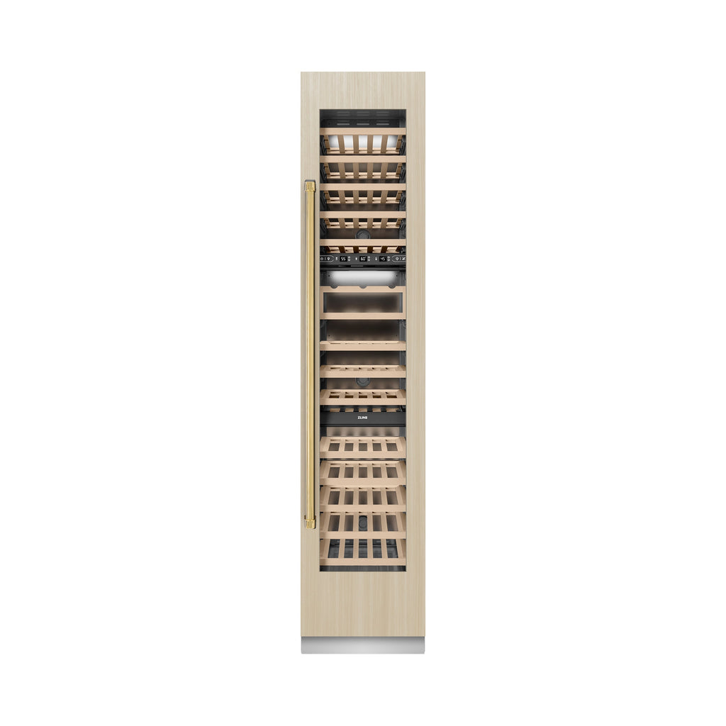 ZLINE Autograph 18" 9.0 cu. ft. Triple Zone 68 Bottle Panel Ready Right Hinge Column Wine Cooler with Polished Gold Accents, RBCWVRZ-18-G
