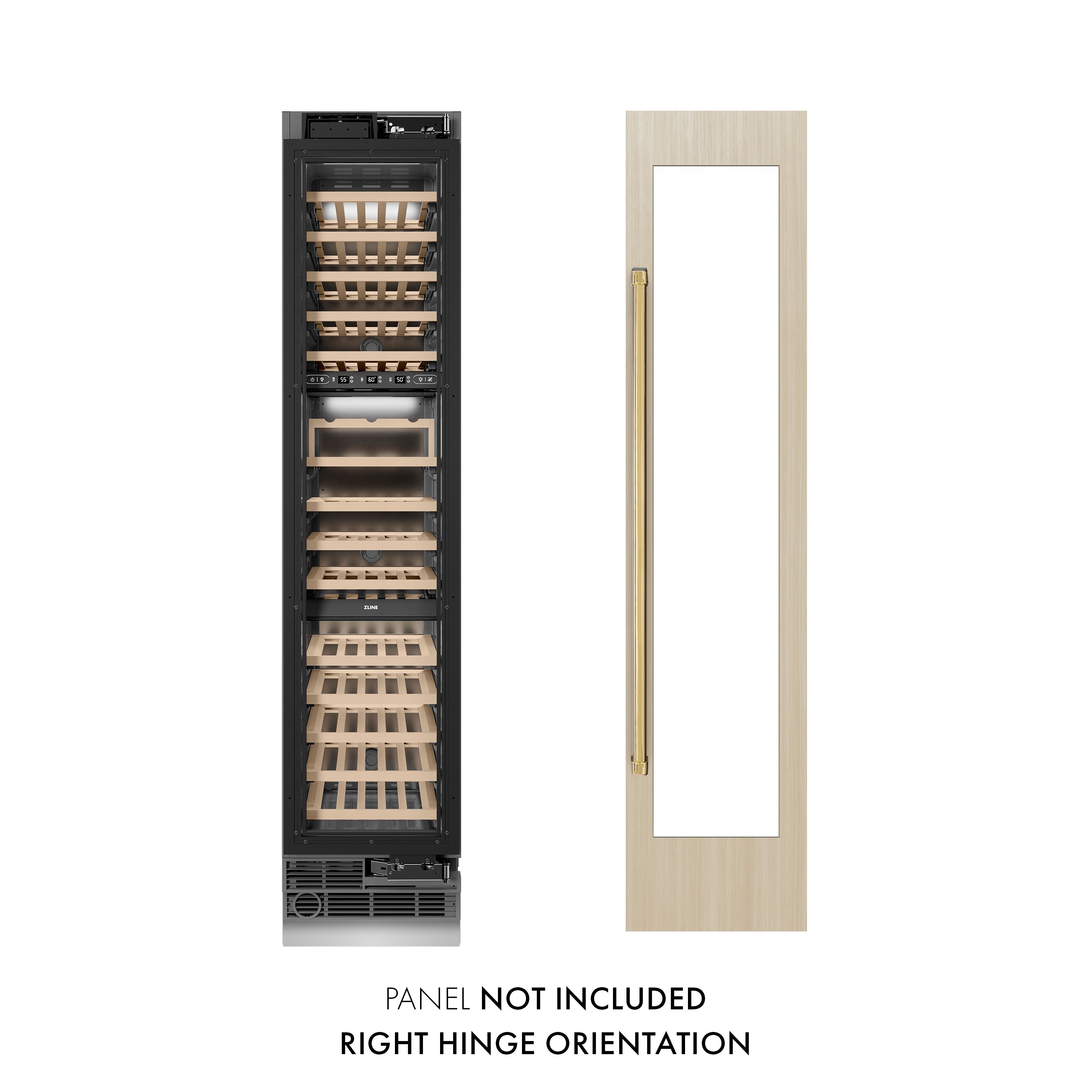 ZLINE Autograph 18" 9.0 cu. ft. Triple Zone 68 Bottle Panel Ready Right Hinge Column Wine Cooler with Polished Gold Accents, RBCWVRZ-18-G