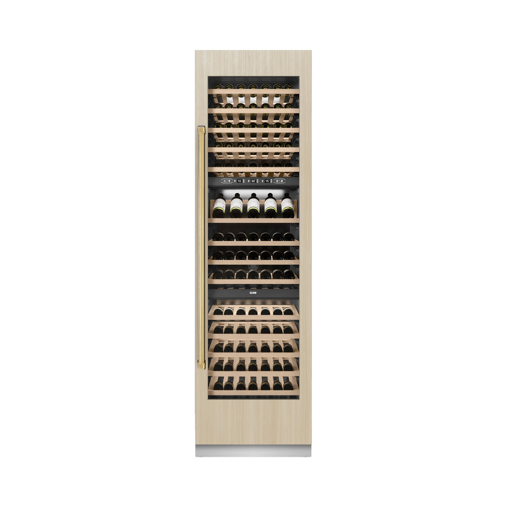 ZLINE Autograph 24" 12.4 cu. ft. Triple Zone 100 Bottle Panel Ready Column Wine Cooler with Polished Gold Accents, RBCWVZ-24-G
