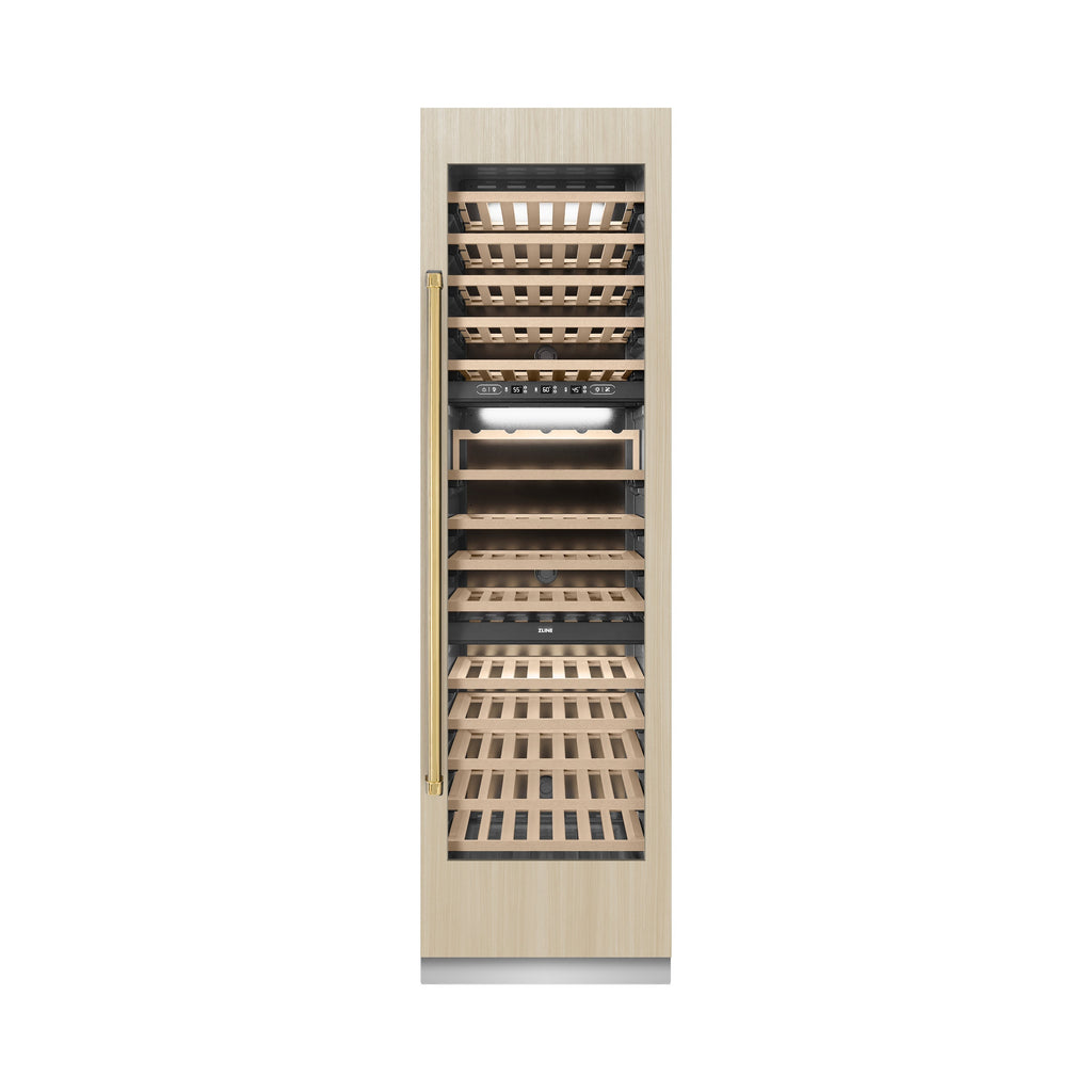 ZLINE Autograph 24" 12.4 cu. ft. Triple Zone 100 Bottle Panel Ready Column Wine Cooler with Polished Gold Accents, RBCWVZ-24-G