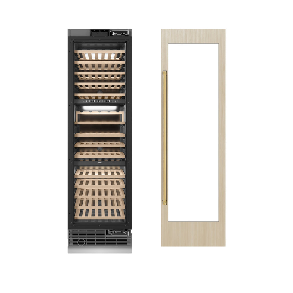 ZLINE Autograph 24" 12.4 cu. ft. Triple Zone 100 Bottle Panel Ready Column Wine Cooler with Polished Gold Accents, RBCWVZ-24-G