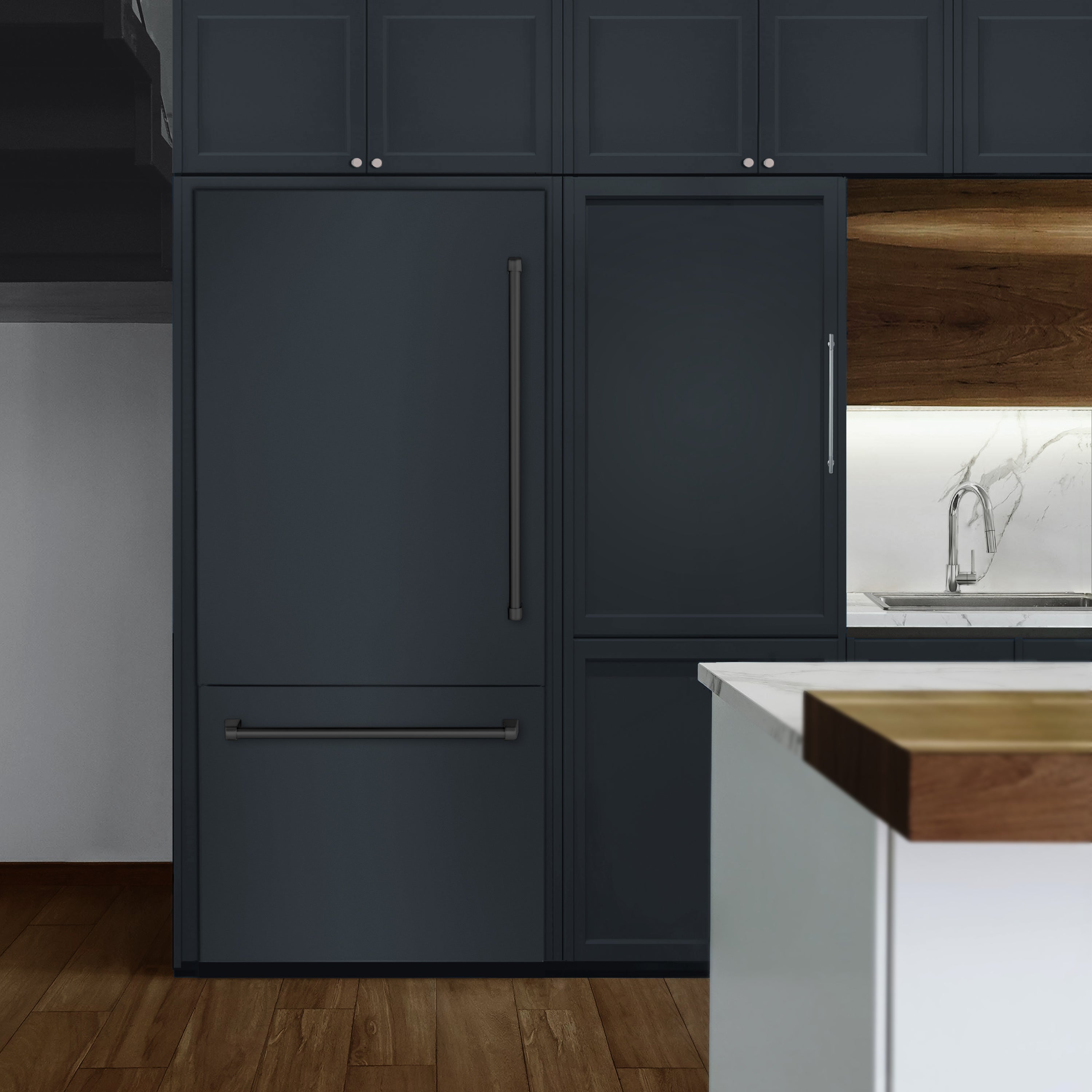 ZLINE 36 in. Built-In Bottom Freezer Refrigerator, Panel Ready, 19.8 Cu. Ft., Water Dispenser, Ice Maker, Matte Black Accents (GRBITZ-36-MB)