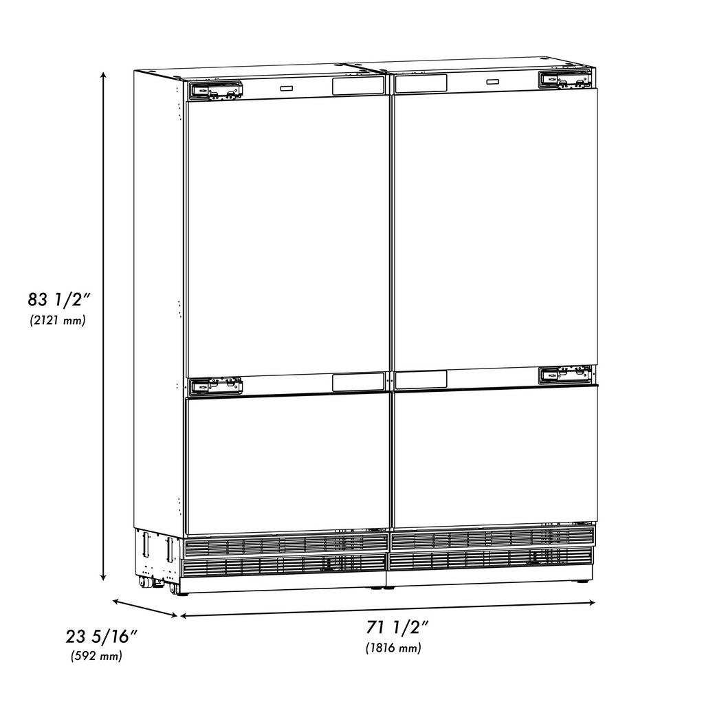 ZLINE 72 in. Panel Ready French Door Built-In Bottom Freezer Refrigerator, 39.6 cu. ft., Water Dispensers, Ice Makers, Graphite Gray Interior, Polished Gold Accents (GRBITZ-72-G)