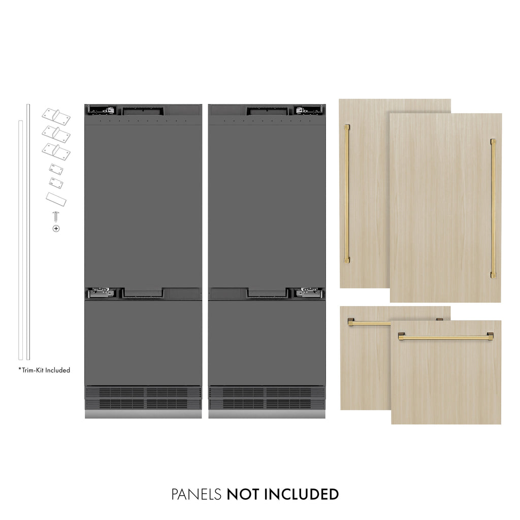 ZLINE 60 in. Panel Ready French Door Built-In Bottom Freezer Refrigerator 32.2 cu. ft. with Water Dispenser, Ice Maker, Graphite Gray Interior, Polished Gold Accents (GRBIVZ-60-G)