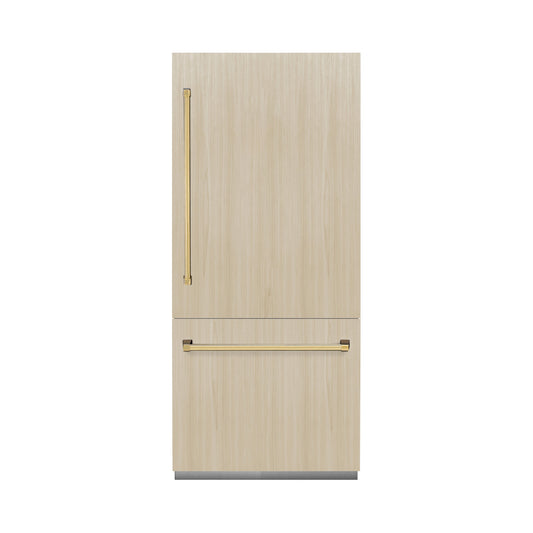 ZLINE 36 in Built-In Bottom Freezer Refrigerator 19.8 cu. ft. Panel Ready Water Dispenser Ice Maker Polished Gold Accents (RBITZ-36-G)