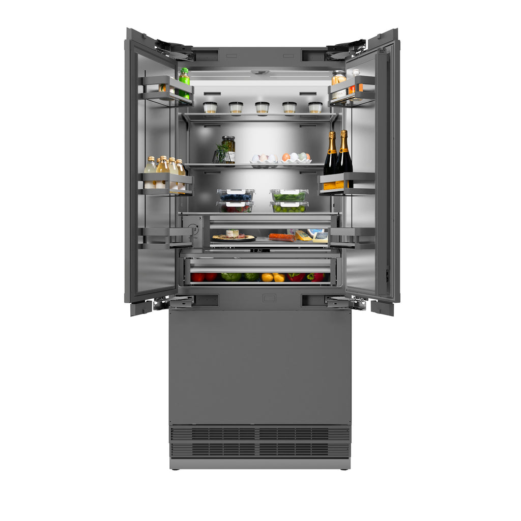 ZLINE 36 in. Panel Ready French Door Built-In Bottom Freezer Refrigerator, 19.6 cu. ft., Water Dispenser, Ice Maker, Stainless Steel Interior (SRBIV-36)