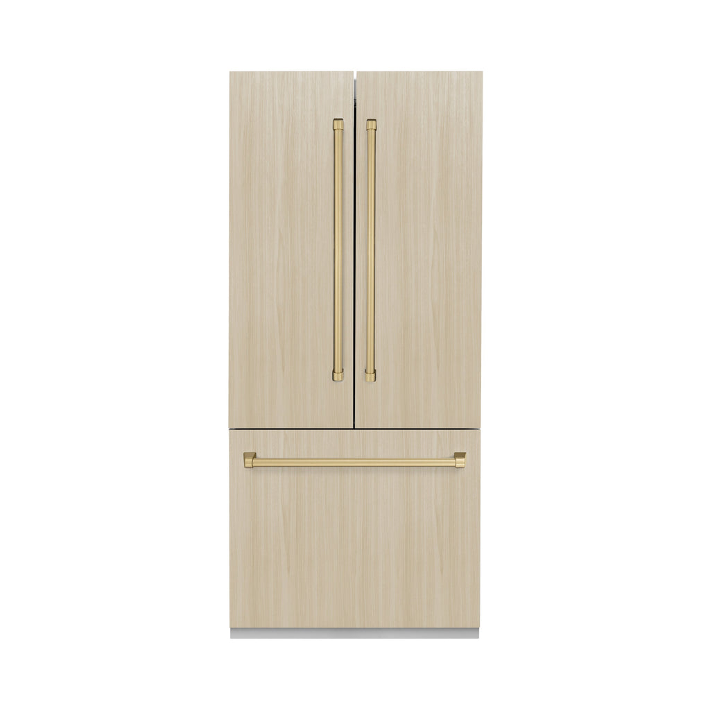 ZLINE 36 in. Panel Ready French Door Built-In Bottom Freezer Refrigerator 19.6 cu. ft. with Water Dispenser, Ice Maker, Stainless Steel Interior & Champagne Bronze Accents (SRBIVZ-36-CB)