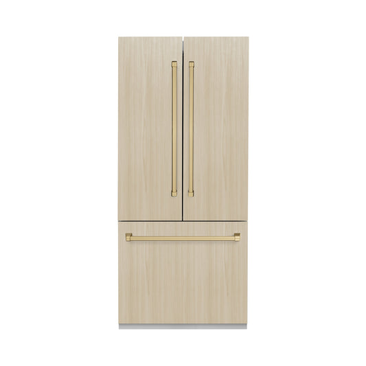 ZLINE 36 in. Panel Ready French Door Built-In Bottom Freezer Refrigerator 19.6 cu. ft. with Water Dispenser, Ice Maker, Stainless Steel Interior & Champagne Bronze Accents (SRBIVZ-36-CB)