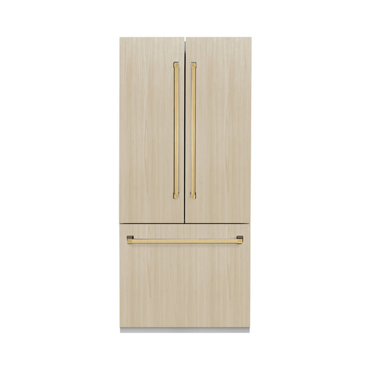 ZLINE 36 in. Panel Ready Built-In French Door Bottom Freezer Refrigerator 19.6 Cu. Ft. with Water Dispenser, Ice Maker, Stainless Steel Interior and Polished Gold Accents (SRBIVZ-36-G)